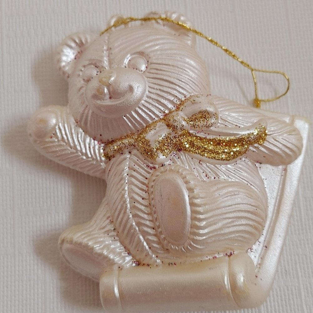 PRETTY Teddy Bear Sledding Christmas Ornament opalescent pearl Look